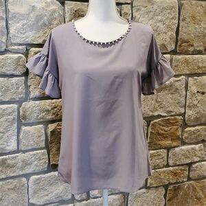 Ankorel Blouse Lavender Medium Top Ruffle Sleeve Pearl Trim